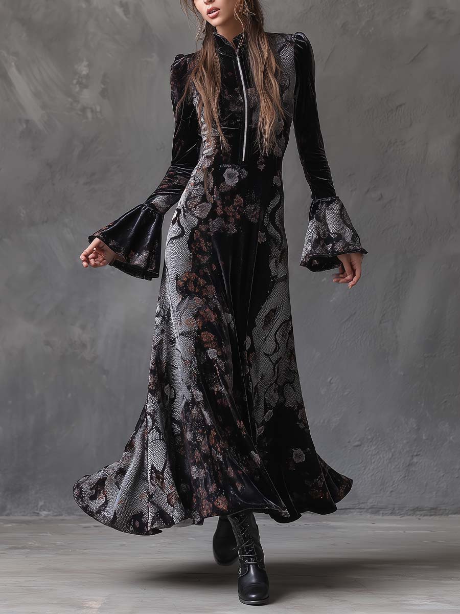 Velvet Maxi Dress With Snake & Floral Print