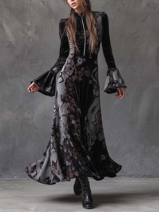 Velvet Maxi Dress With Snake & Floral Print