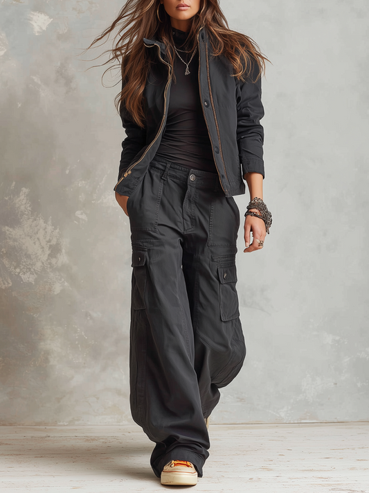 Retro Zipper Collar Multi-pocket Workwear Black Set