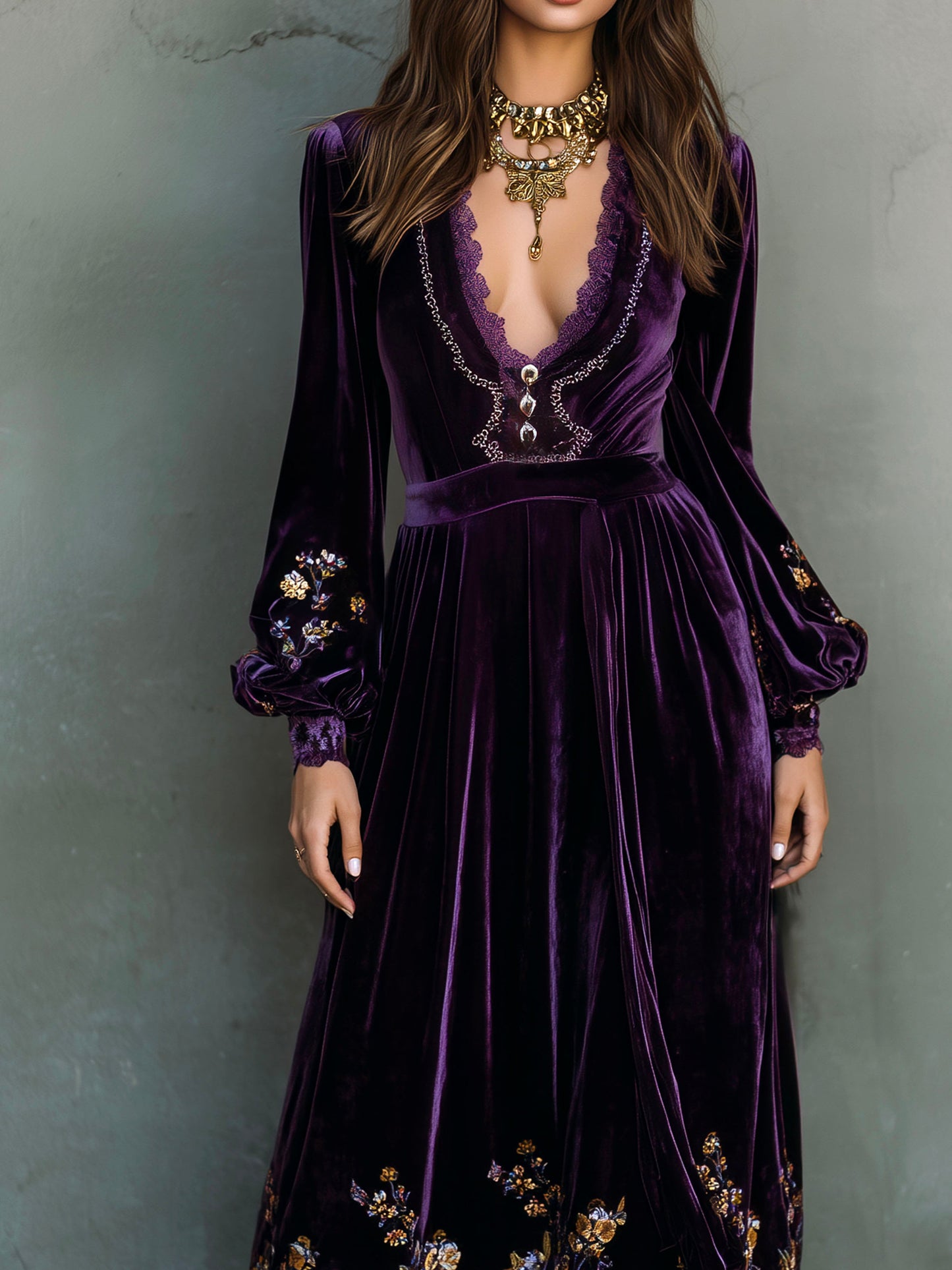 Vintage Deep Purple Velvet Embroidered Evening Gown With Lace Trim