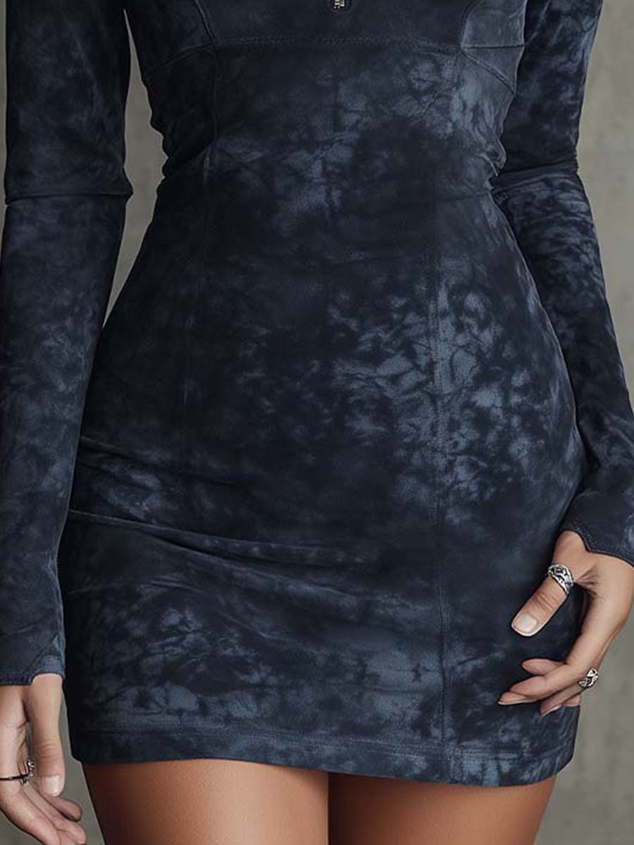 Tie-Dye Printed Eco-Suede Bodycon Mini Dress With Zip Front