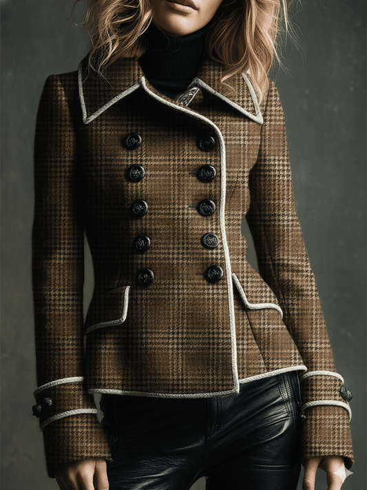 Chic Brown Double-breasted Check Wool Jacket