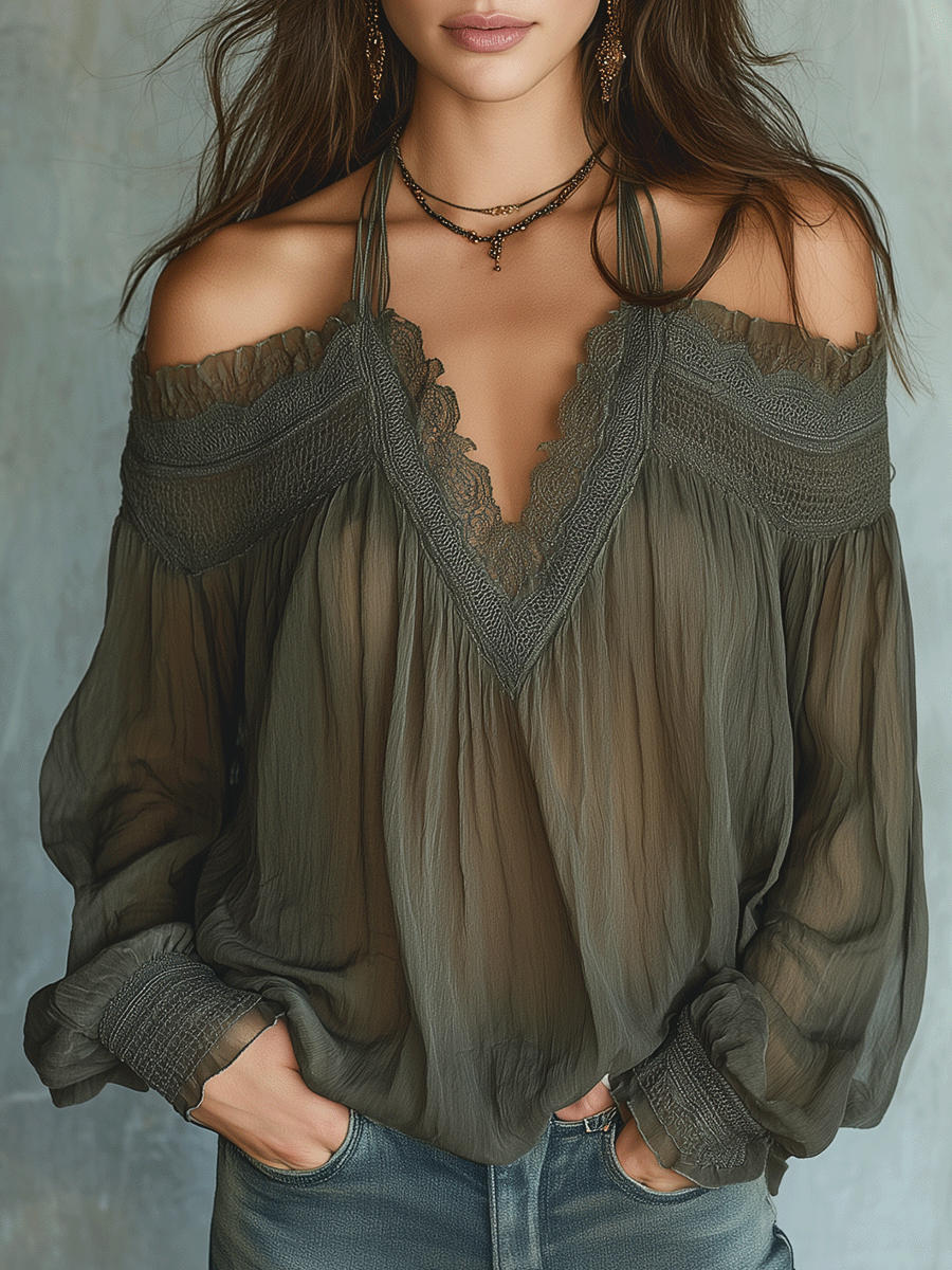 Boho V-Neck Off-Shoulder  Olive Lace Blouse