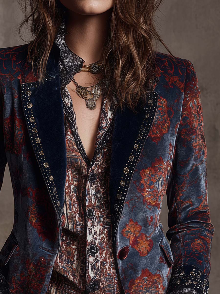 Retro Color-blocked Ethnic Print Polyester Velvet Mid-length Blazer