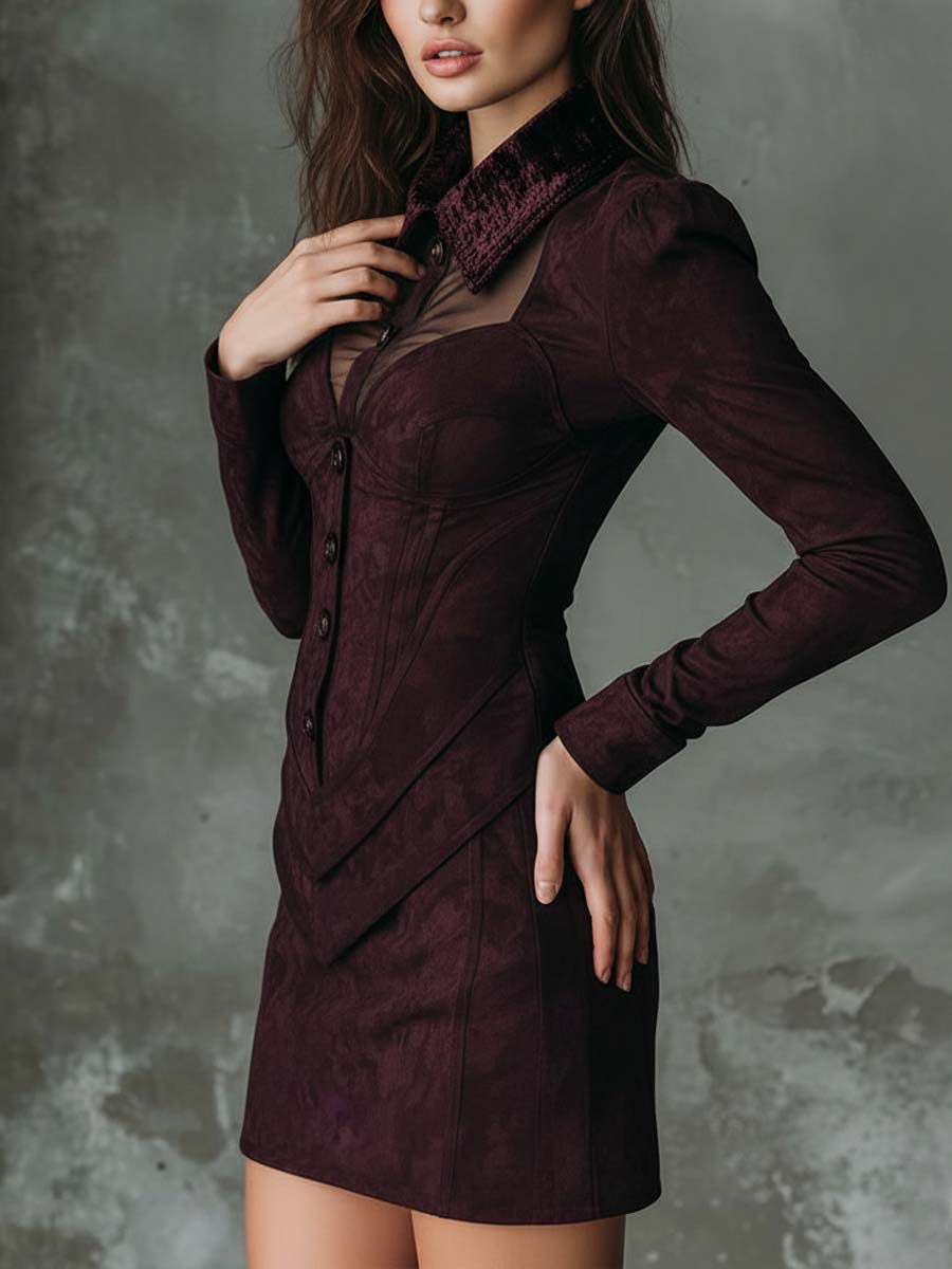 Mulberry Brown Velvet Collar Suede Dress Set