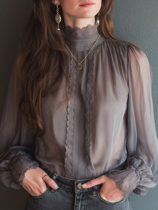 Elegant Chiffon Stand Collar Lace Splicing Blouse