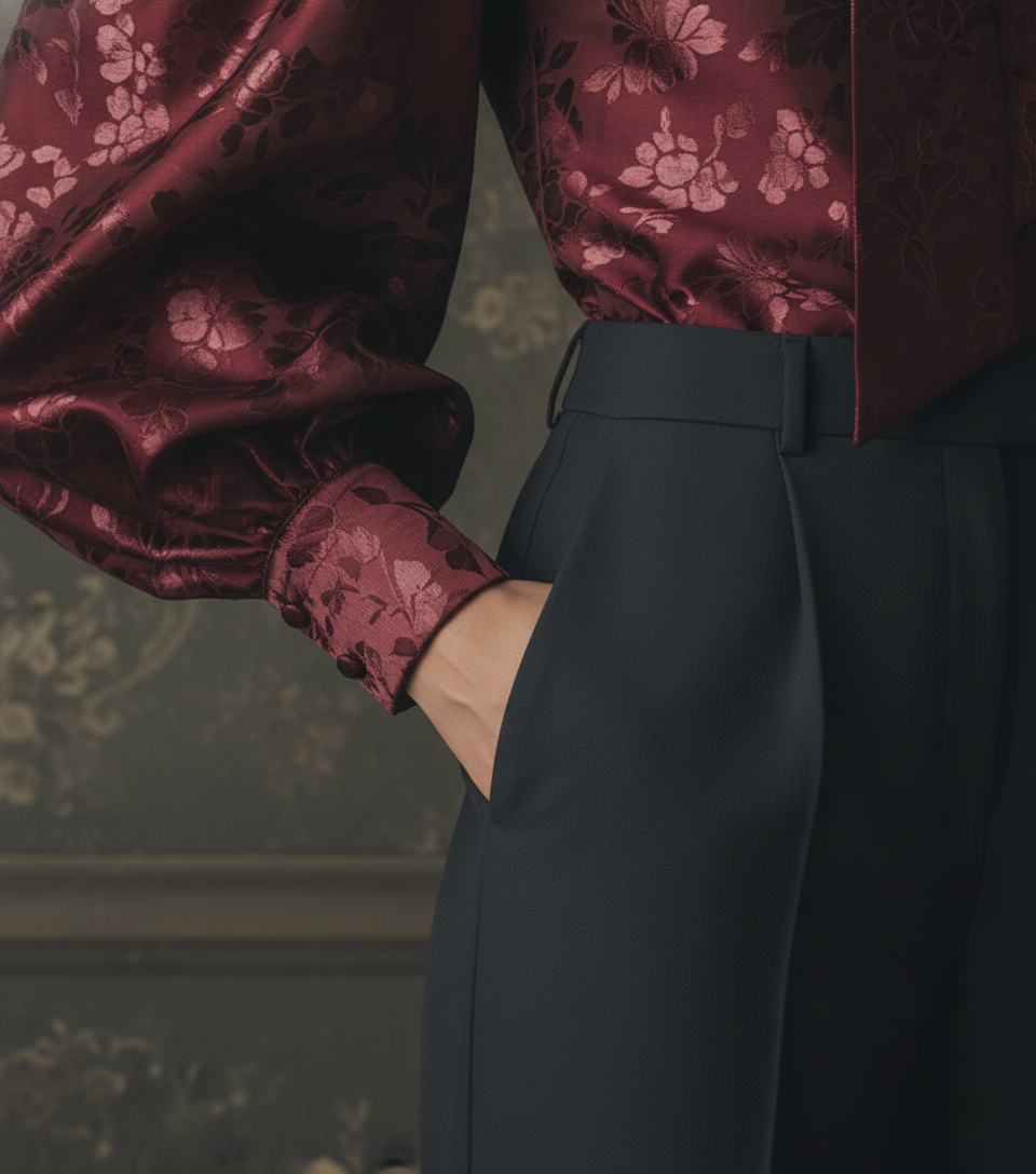 The Crimson Damask Puff-Sleeve Blouse