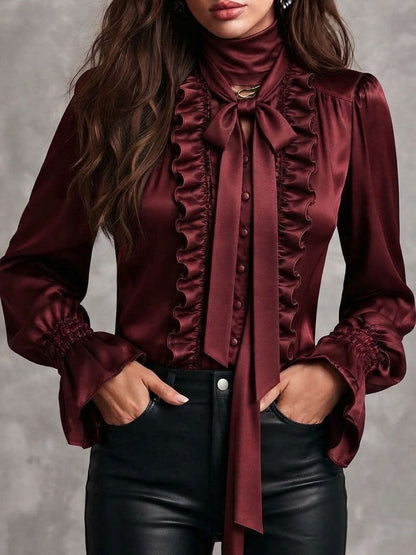 Women's Satin Bow Tie Neck Ruffle Trim Blouse with Bishop Sleeves