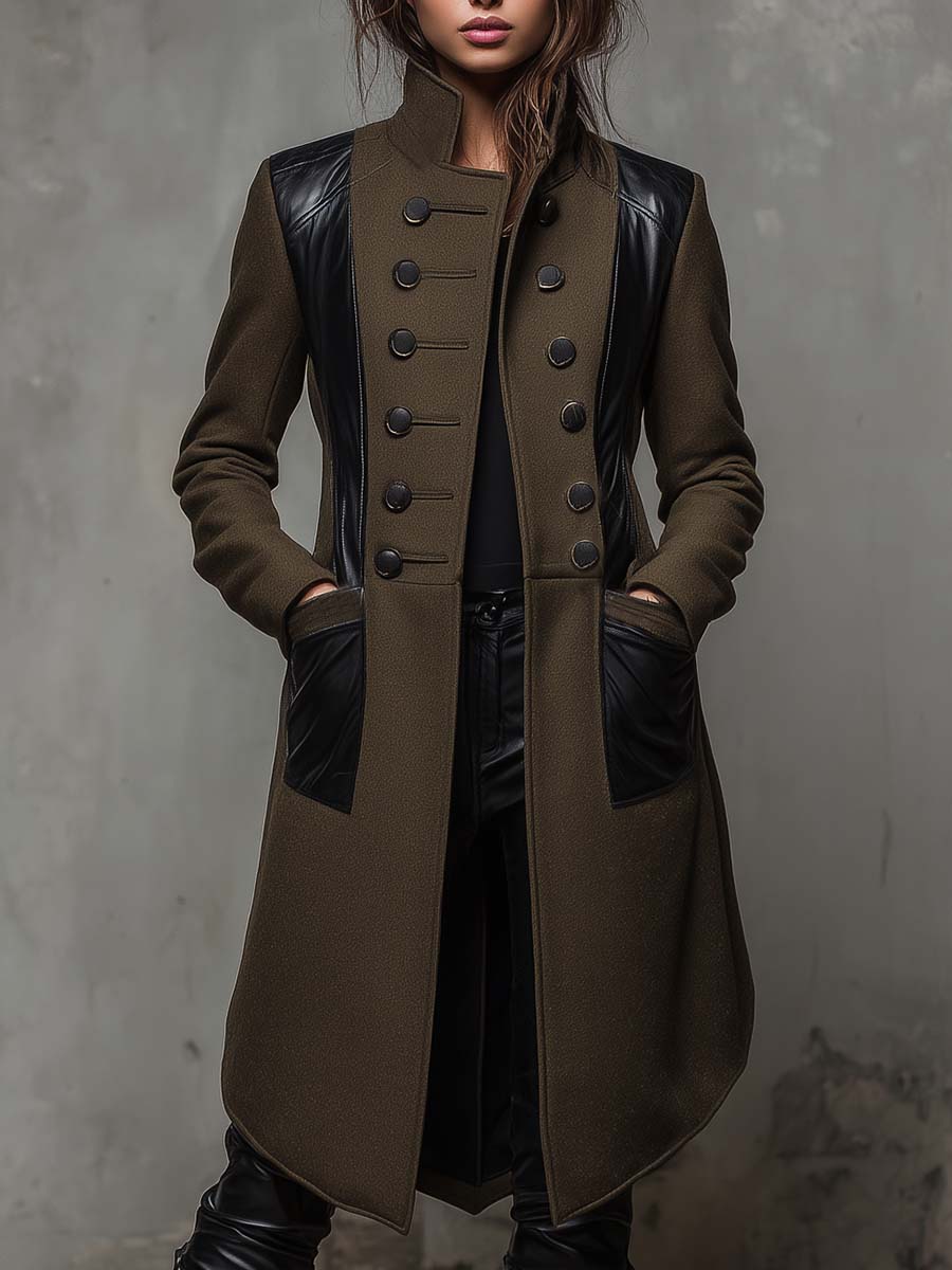 Military Green Long Coat With Black Contrast Panels