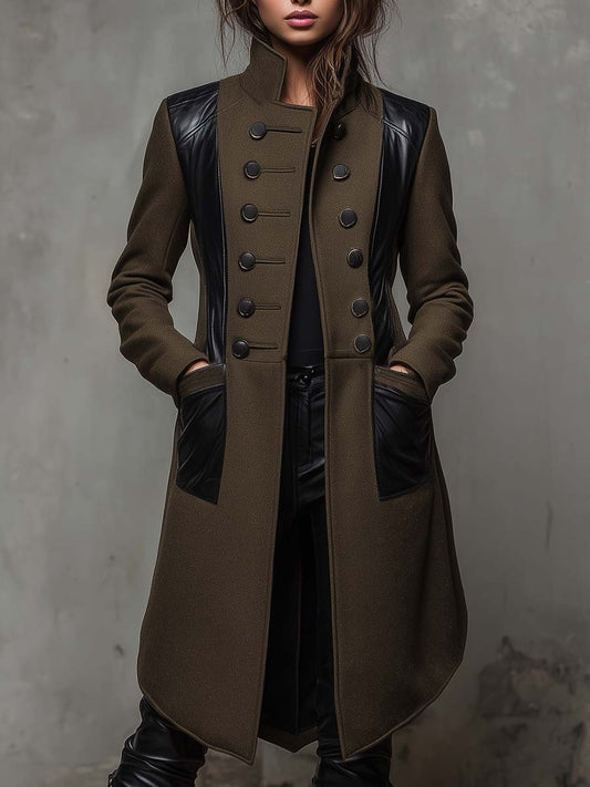 Military Green Long Coat With Black Contrast Panels