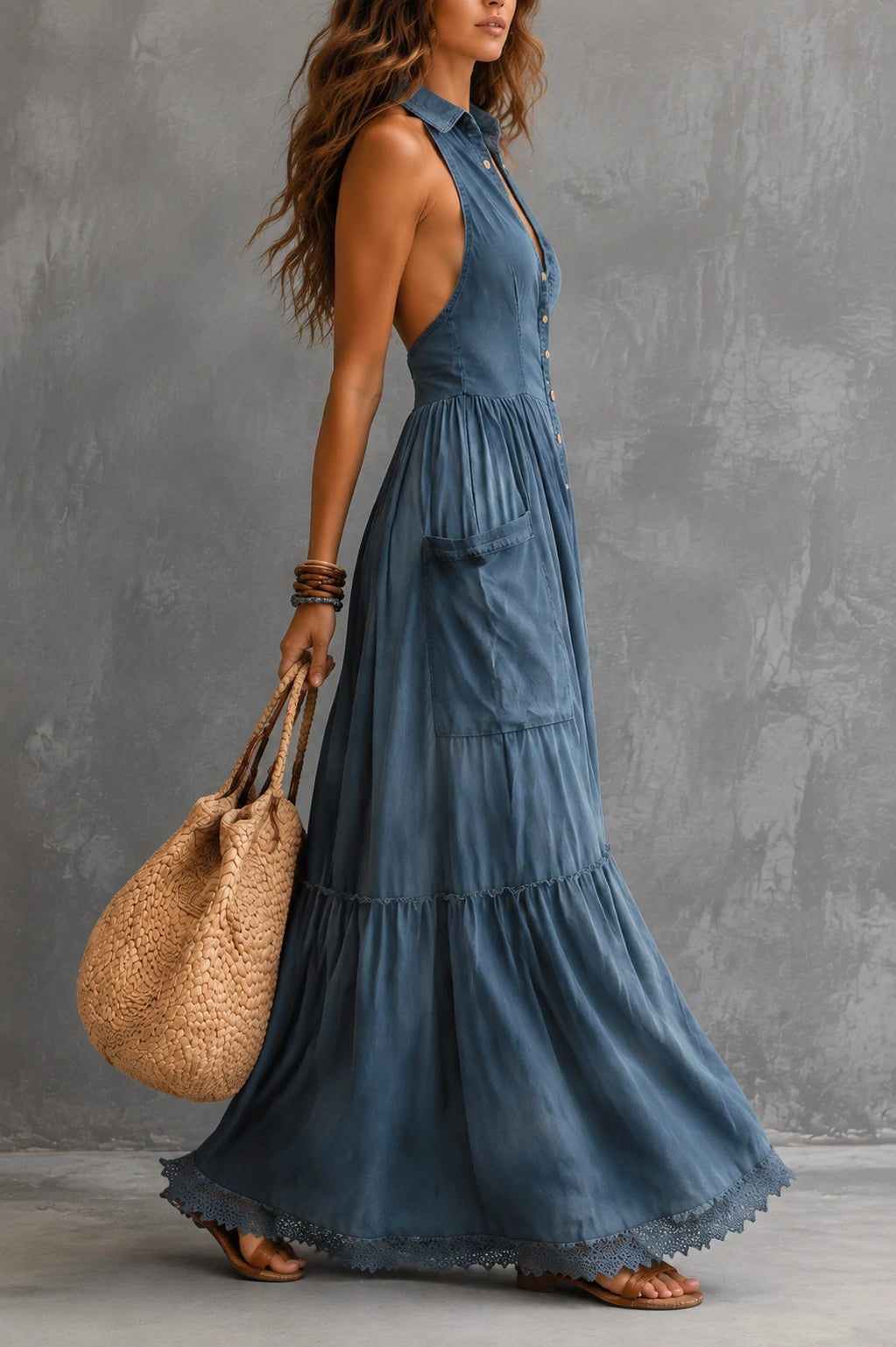 Tencel Denim Sleeveless Button-down Long Dress