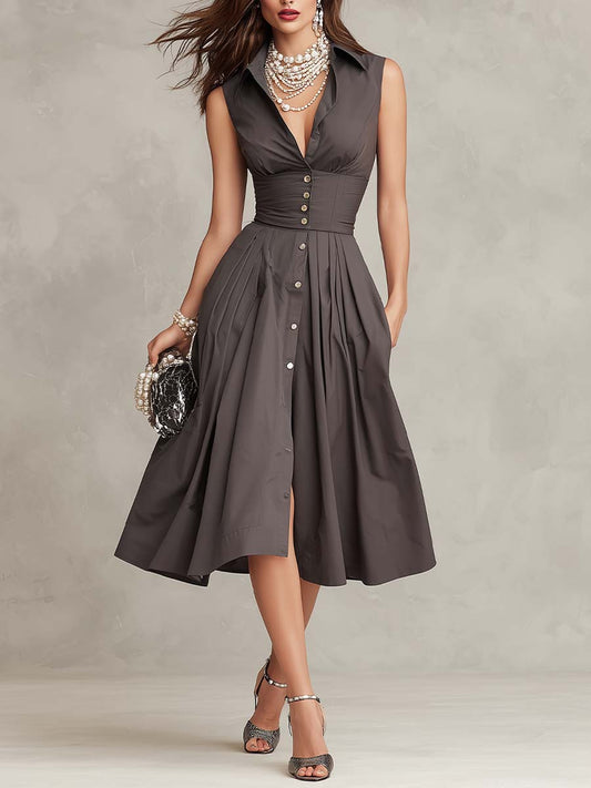 Vintage Taupe Waist-Cinched Button Midi Dress