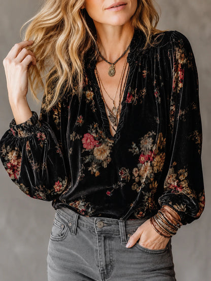 Vintage Floral Velvet Long-Sleeved Blouse