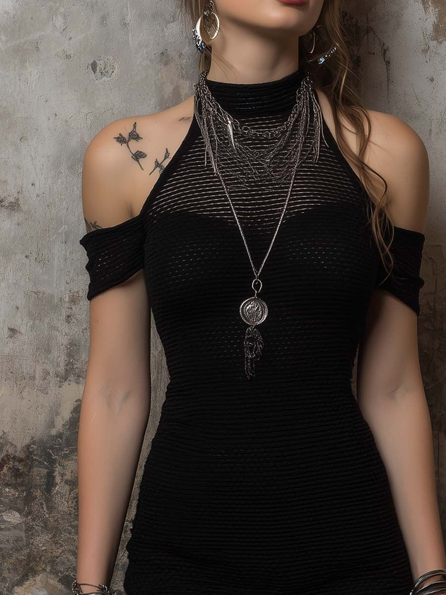 Retro High-neck Knitted Mini Dress