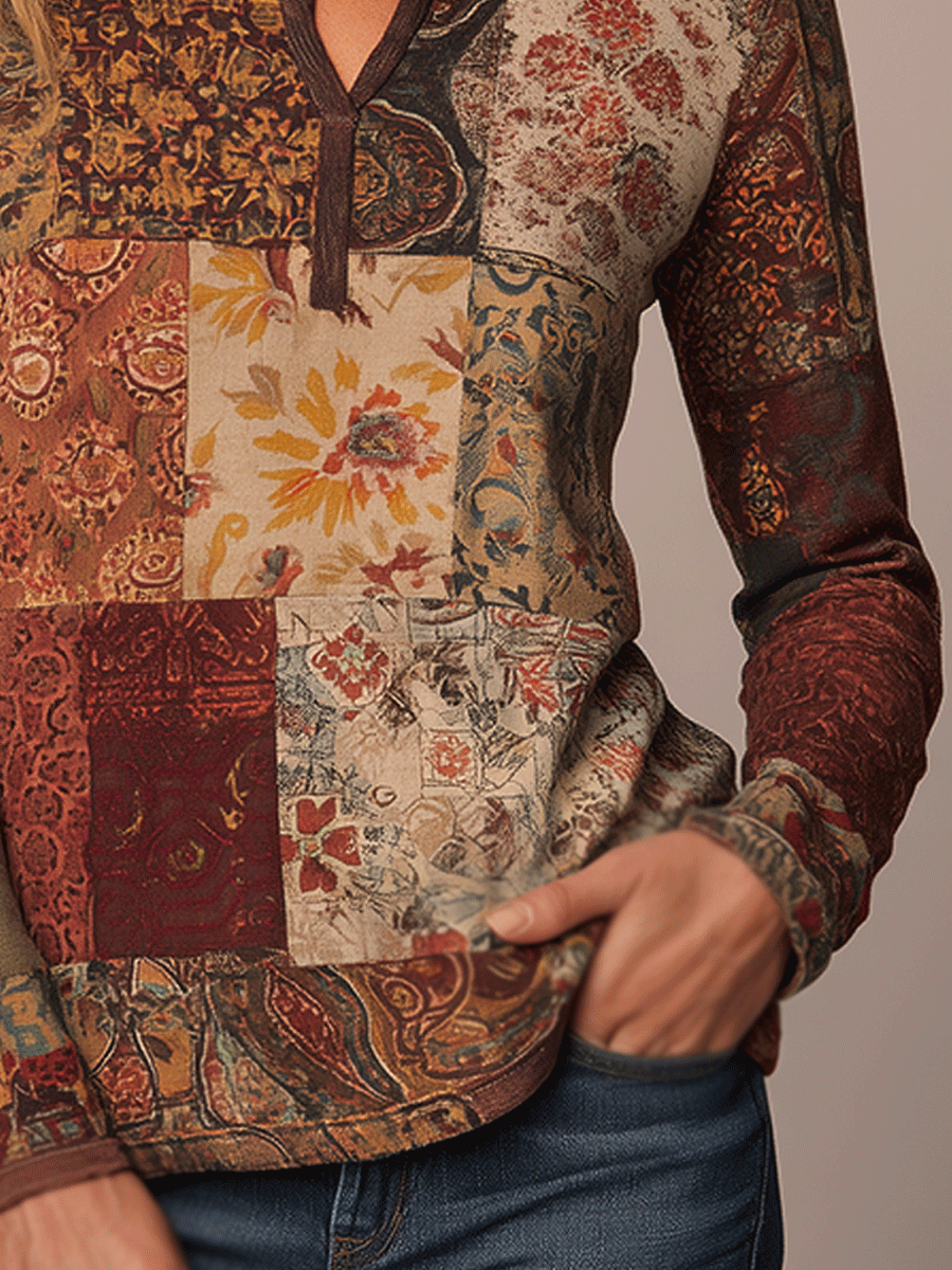 Bohemian Mixed Floral Long Sleeve Henley T-Shirt