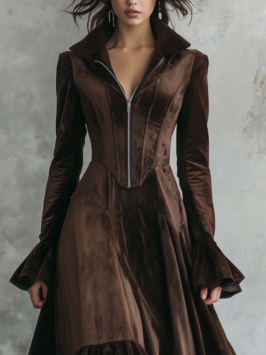 Chocolate Velvet Zip-Front Maxi Dress