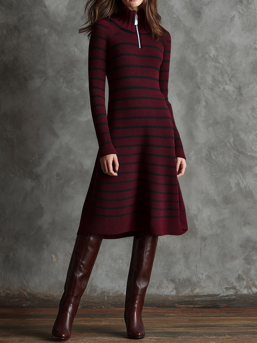 Vintage Burgundy Turtleneck Striped Knit Half-Zip Sweater Dress