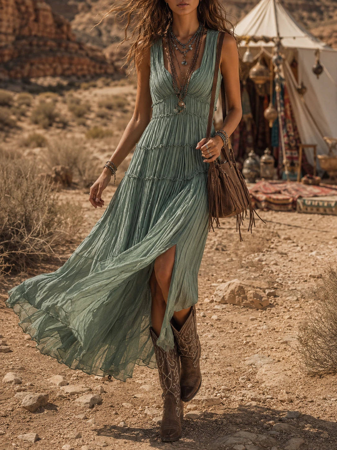 Bohemian Holiday Pleated Chiffon Tiered Maxi Dress