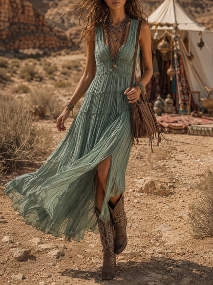 Bohemian Holiday Pleated Chiffon Tiered Maxi Dress