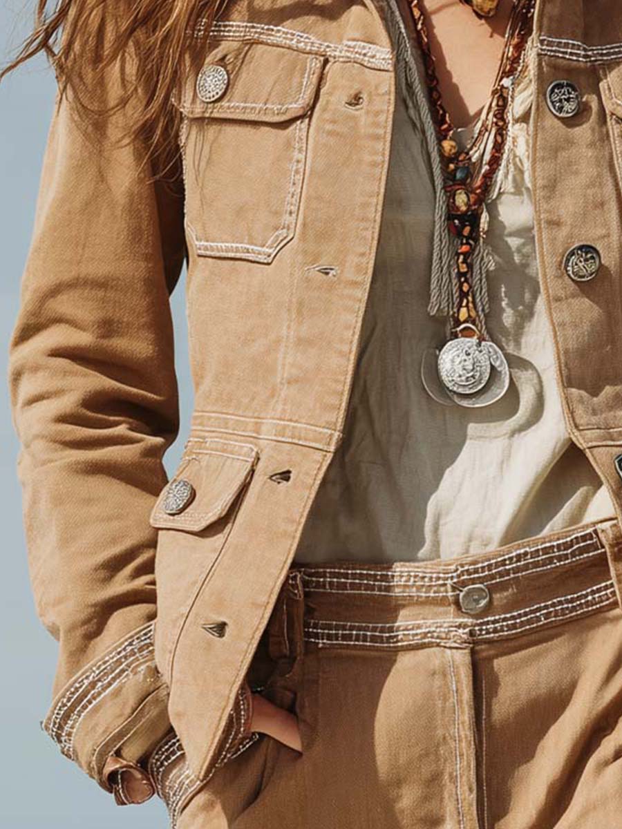 Sand Beige Washed Twill Western Jacket With Contrasting Stitching