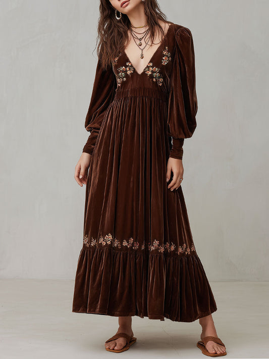 Retro Corduroy Embroidered Maxi Dress