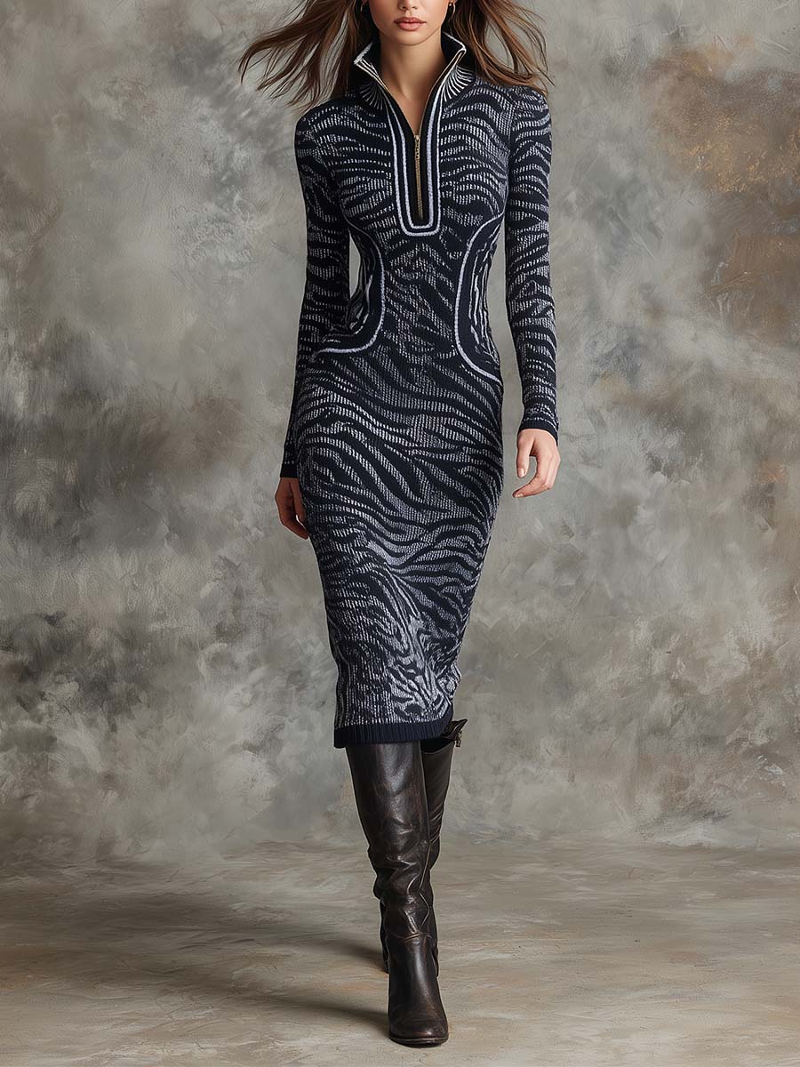 Zebra Jacquard Knit Bodycon Midi Dress