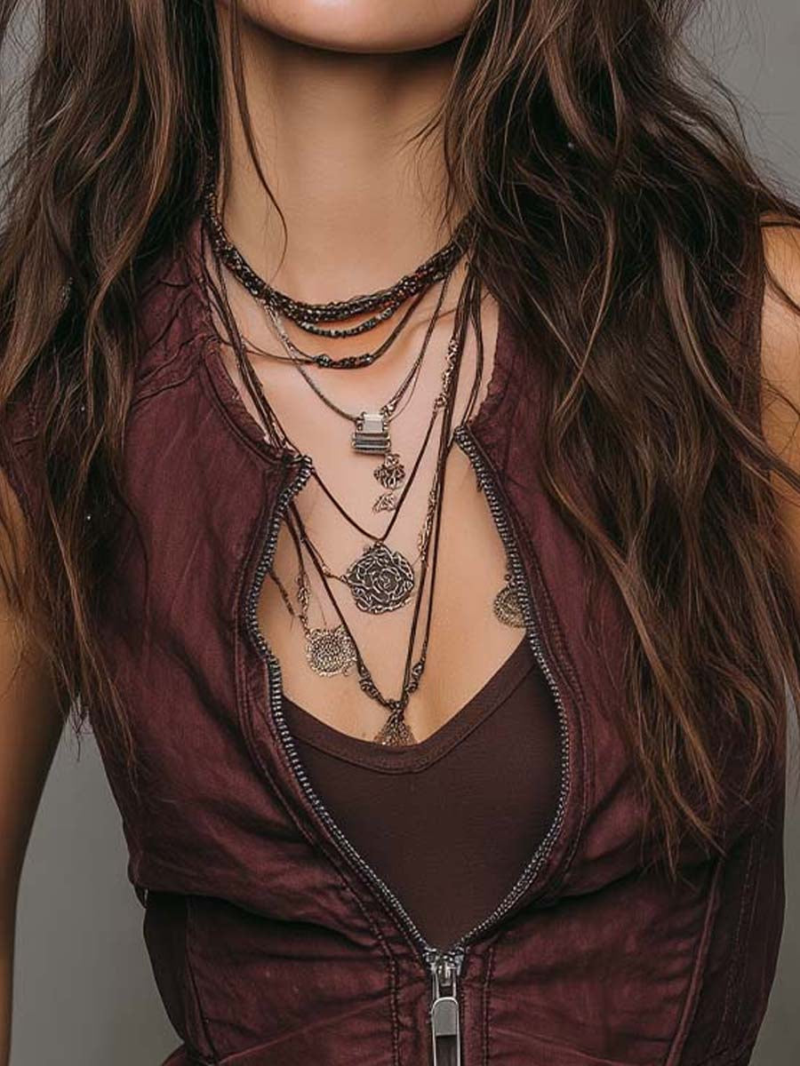 Vintage Burgundy Denim Zip Vest Top