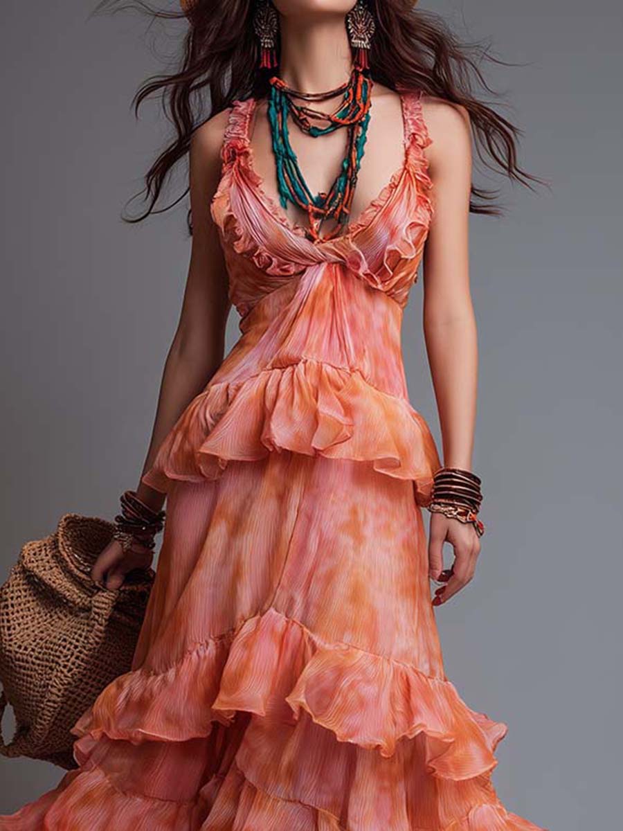 Boho-Vintage Elegant Tiered Ruffle Chiffon Maxi Dress