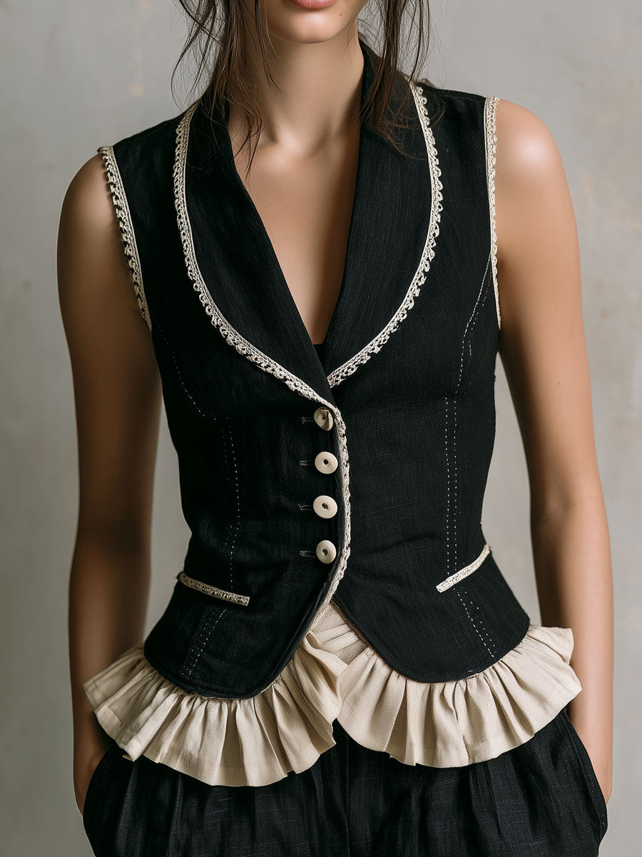 Vintage Contrast Ruffle Hem And Lace Trim Black Waistcoat