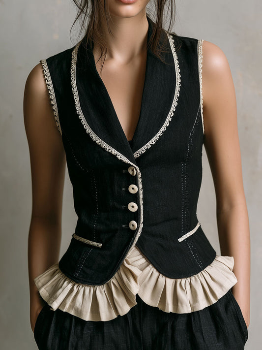 Vintage Contrast Ruffle Hem And Lace Trim Black Waistcoat
