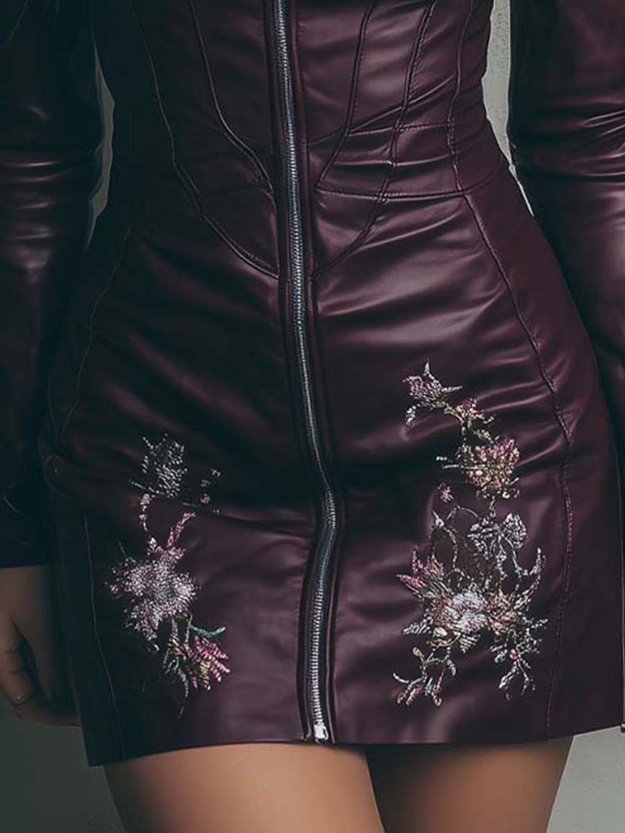 Embroidered Eco-Leather Mini Dress
