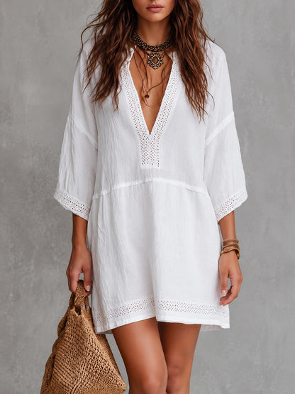 Vintage Lace Trim Draped Waistline Cotton Linen Mini Dress