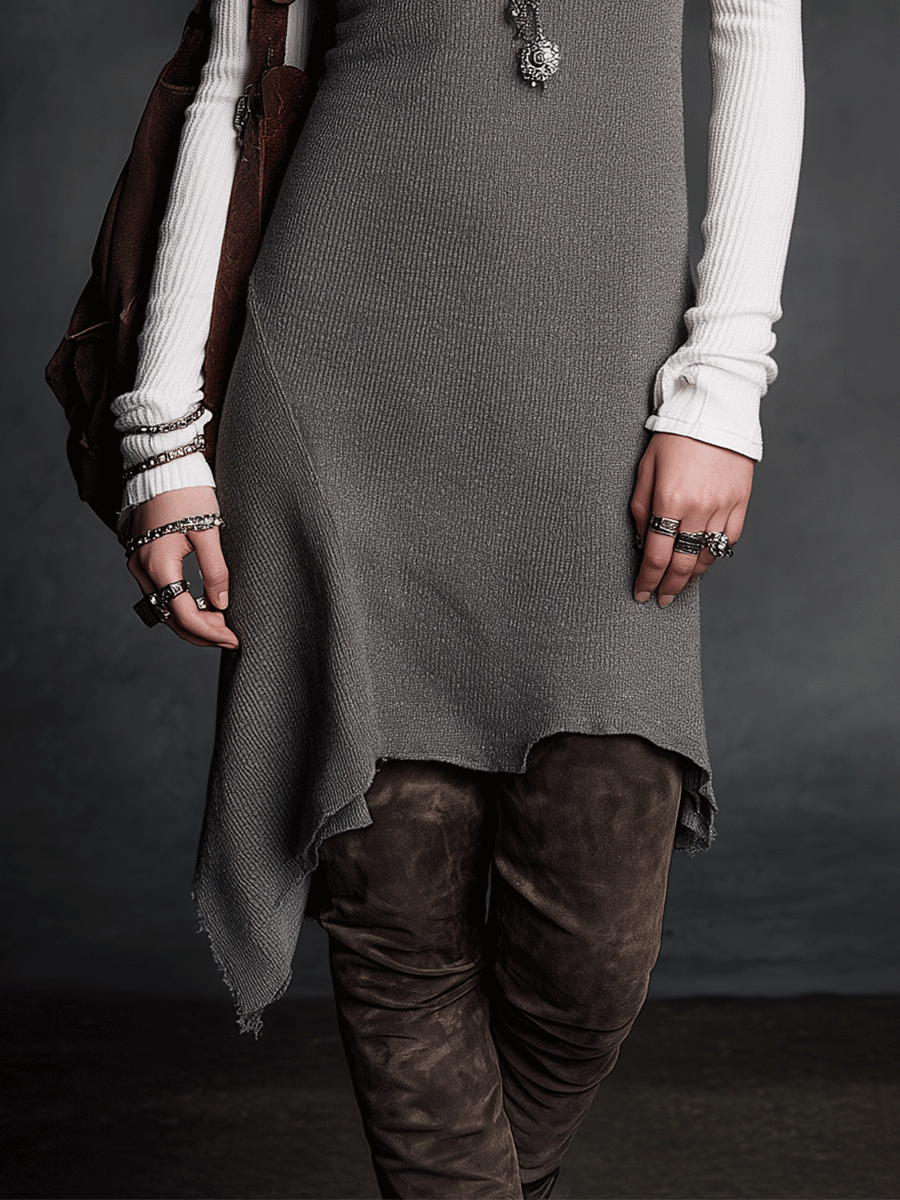 Casual Grey Ribbed Asymmetric Hem Knit Dress