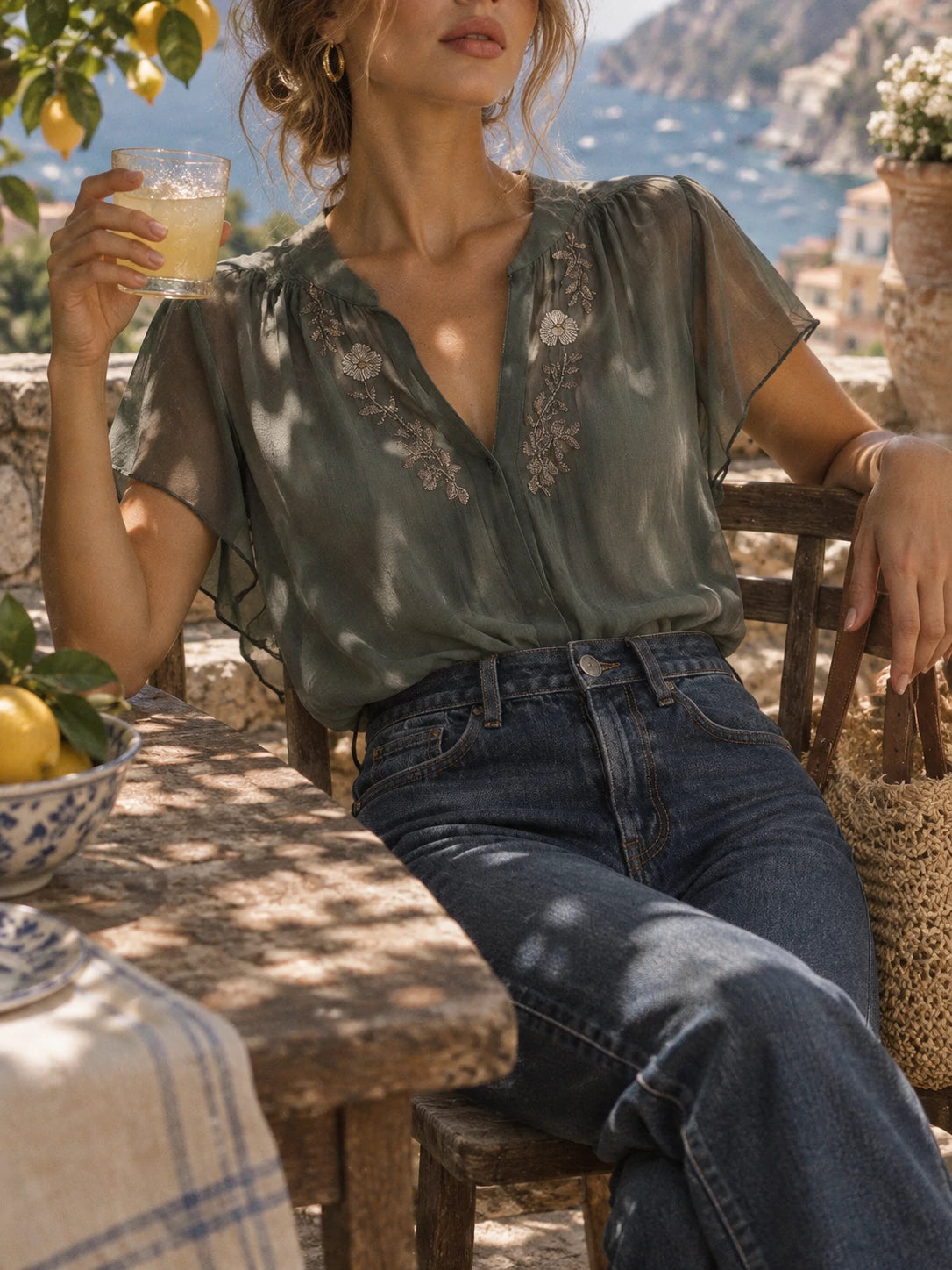 Vintage Embroidered Chiffon Short Sleeve Shirt