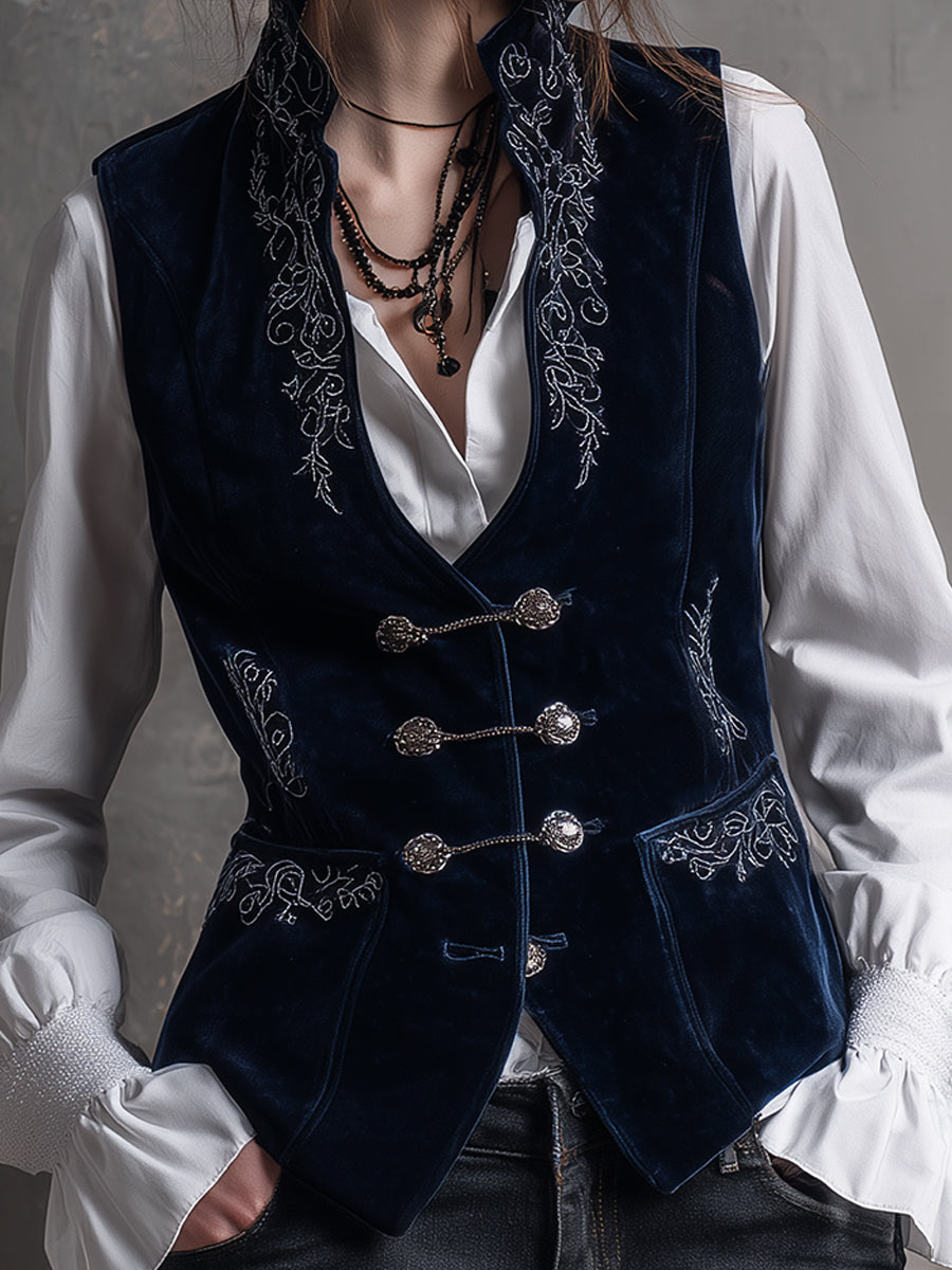 Vintage Embroidered Chain-embellished Polyester Velvet Vest