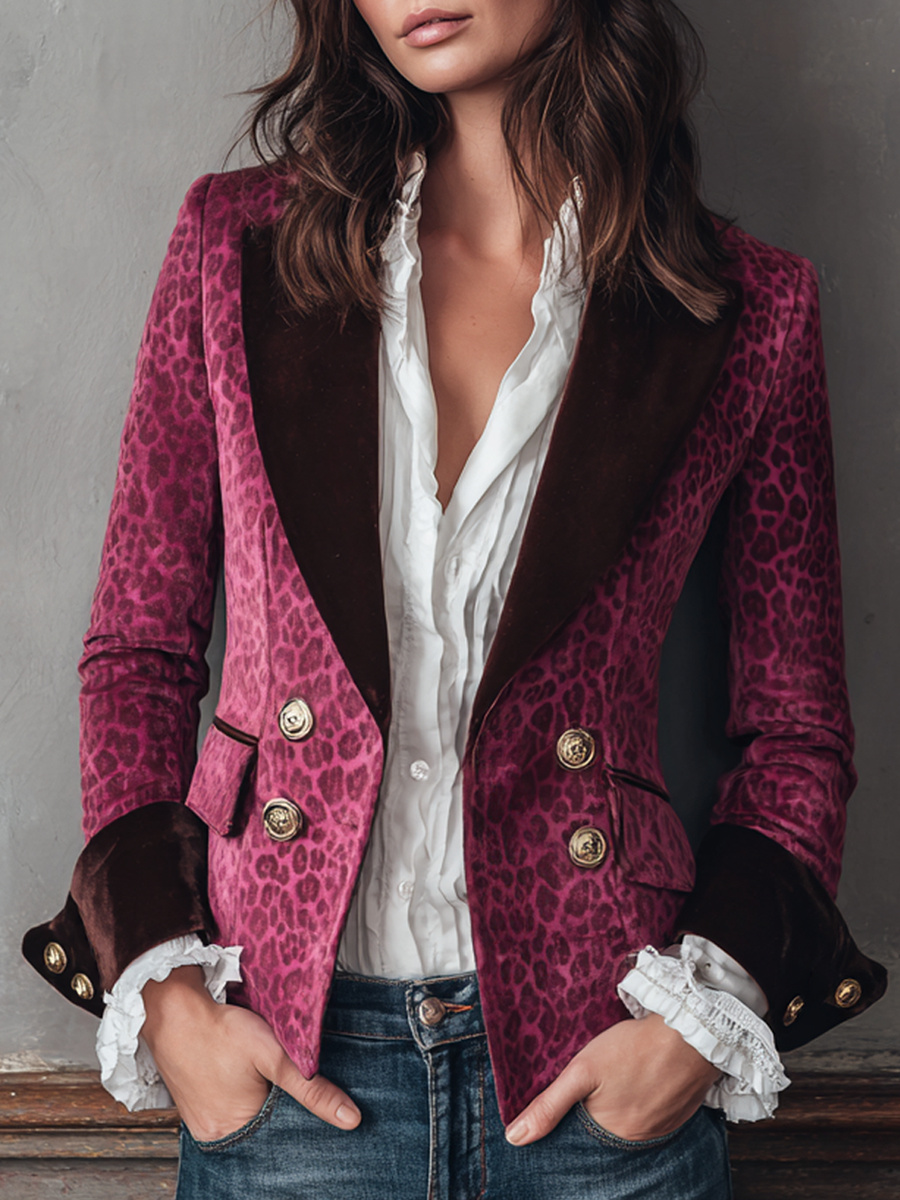 Vintage Contrast Cuffs Leopard Print Polyester Velvet Blazer