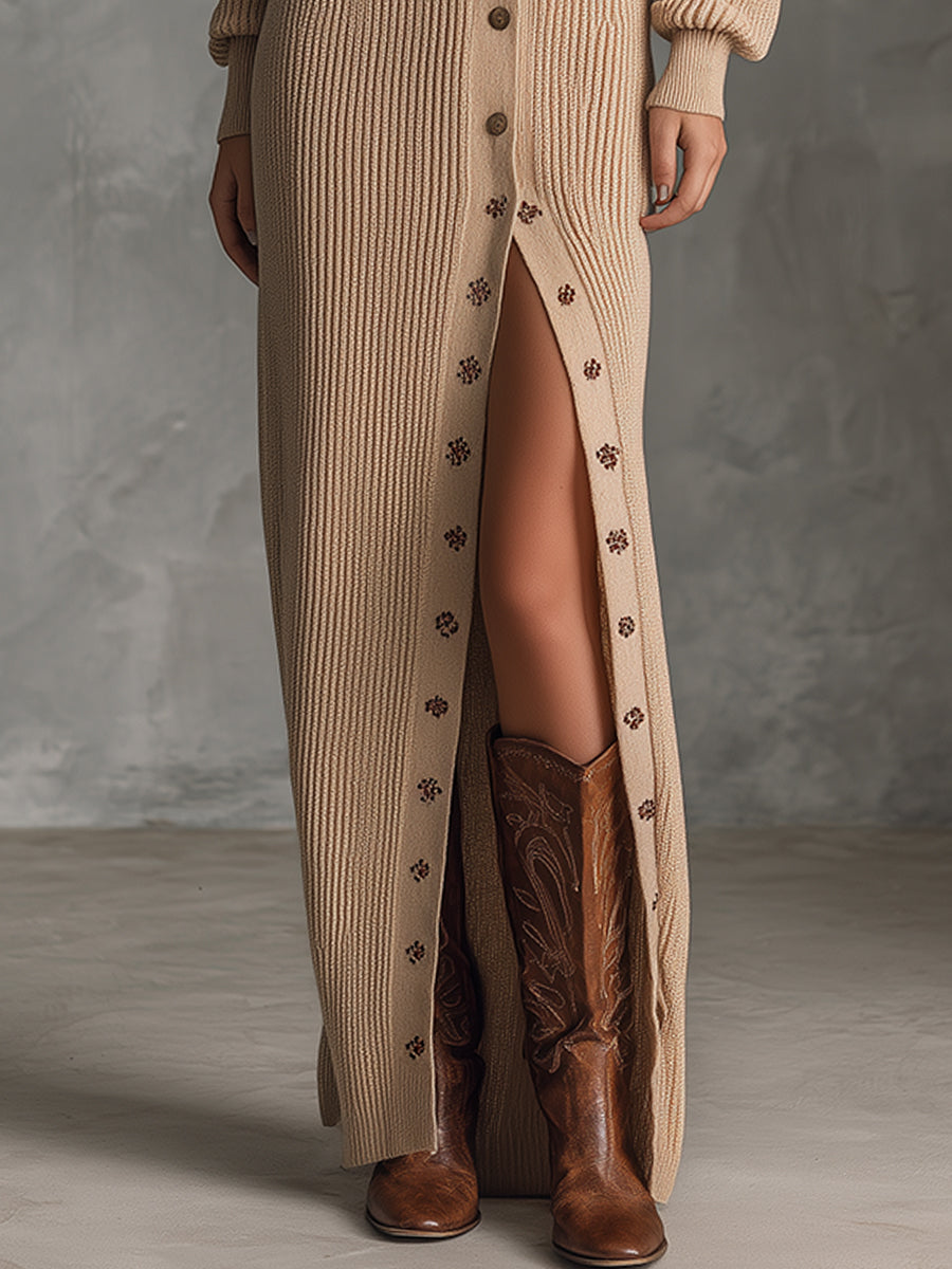 Bohemian Romance Caramel Reindeer Maxi Knit Dress