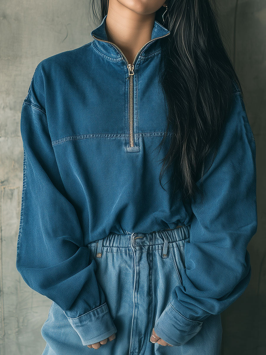 Casual Stand Collar Half-Zip Denim Pullover Sweatshirt