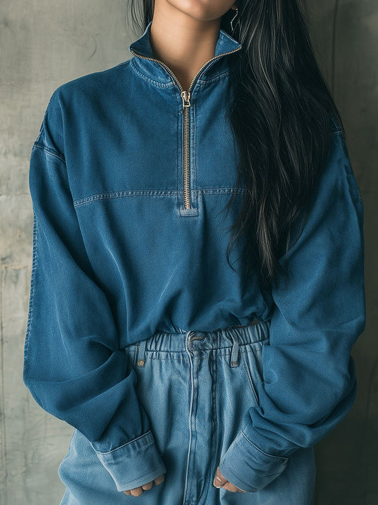 Casual Stand Collar Half-Zip Denim Pullover Sweatshirt
