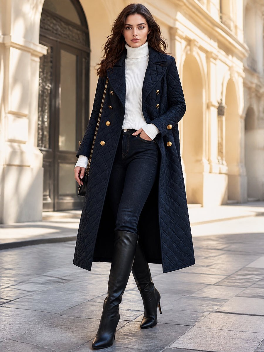 Vintage Bohemian Midnight Quilted Double-Breasted Duster Coat