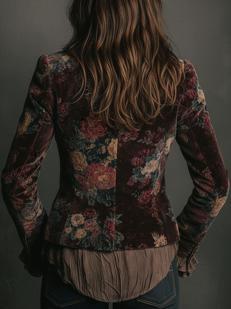 Vintage Burgundy Floral Velvet Contrast Lapel Blazer