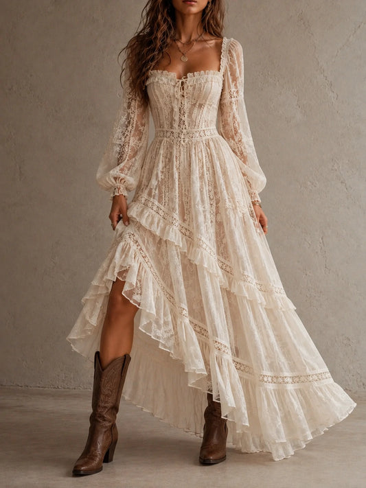 Ivory Lace-Up Ruffle Maxi Dress