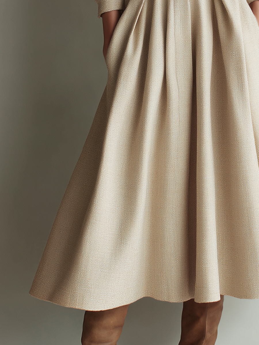 Vintage Tweed Button Square Neck Long Sleeve Midi Dress