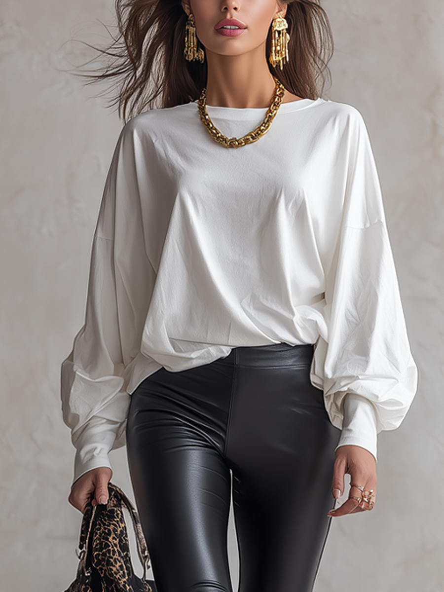 Vintage Loose T-shirt And Eco-Leather Leggings Set