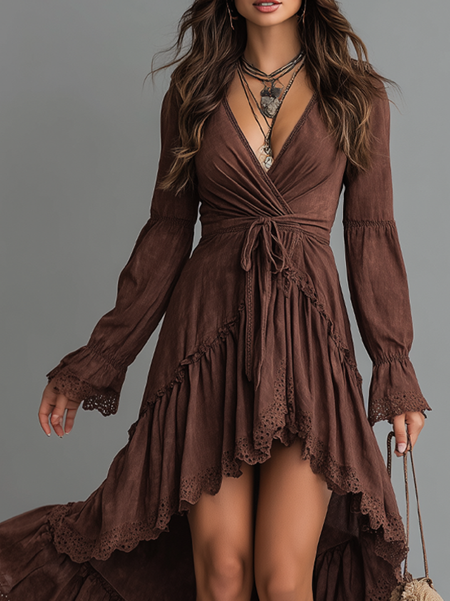 Retro-style Irregular Hem Lace Trim Denim Midi Dress