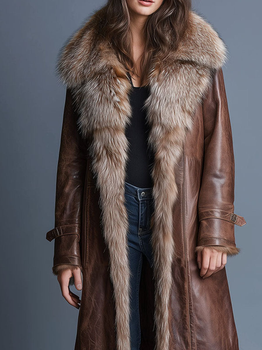 Vintage Brown  Long Eco Leather Trench Coat WithEco Fur Collar