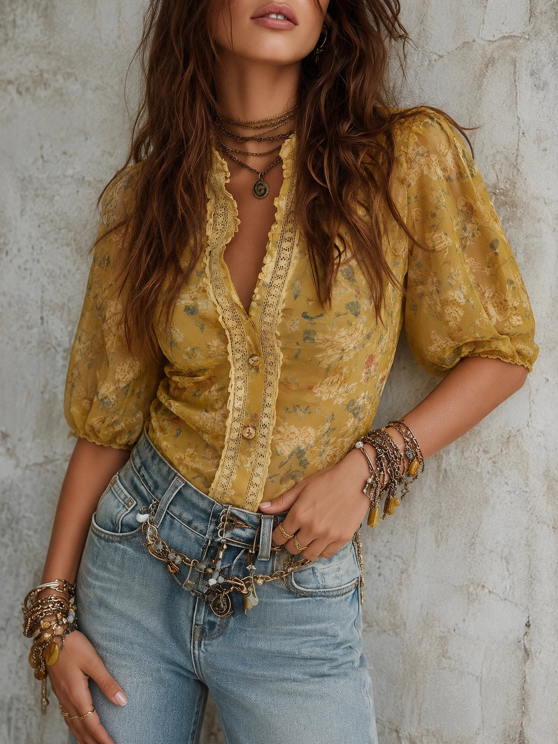 Bohemian Floral Print Chiffon Blouse With Lace Trim