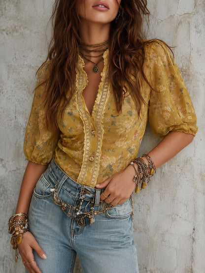 Bohemian Floral Print Chiffon Blouse With Lace Trim