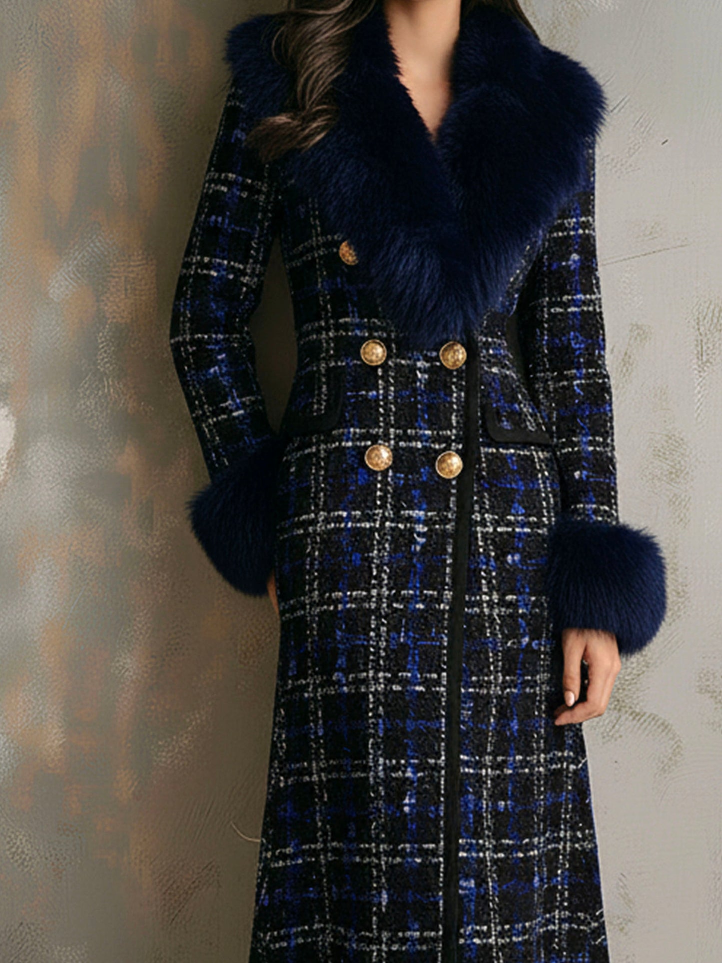 Elegant Navy Plaid Wool Coat With Eco Fur Collar & Cuff