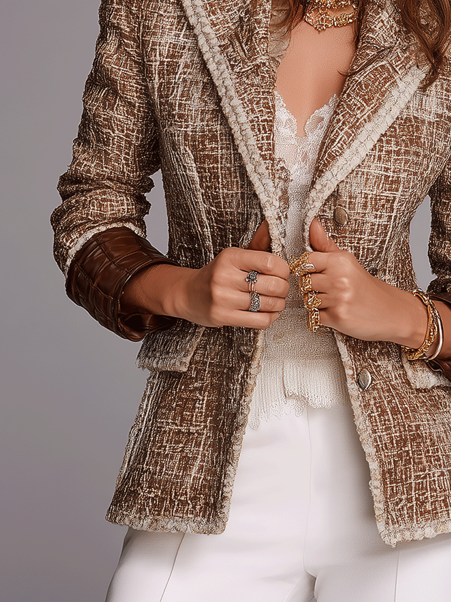 Old-Money Textured Tweed Leather Cuff Detail Blazer